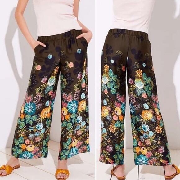 Loft Coral Springs Wide Leg Sateen Olive Green Pants Preppy Colorful Floral Fall - Picture 1 of 9